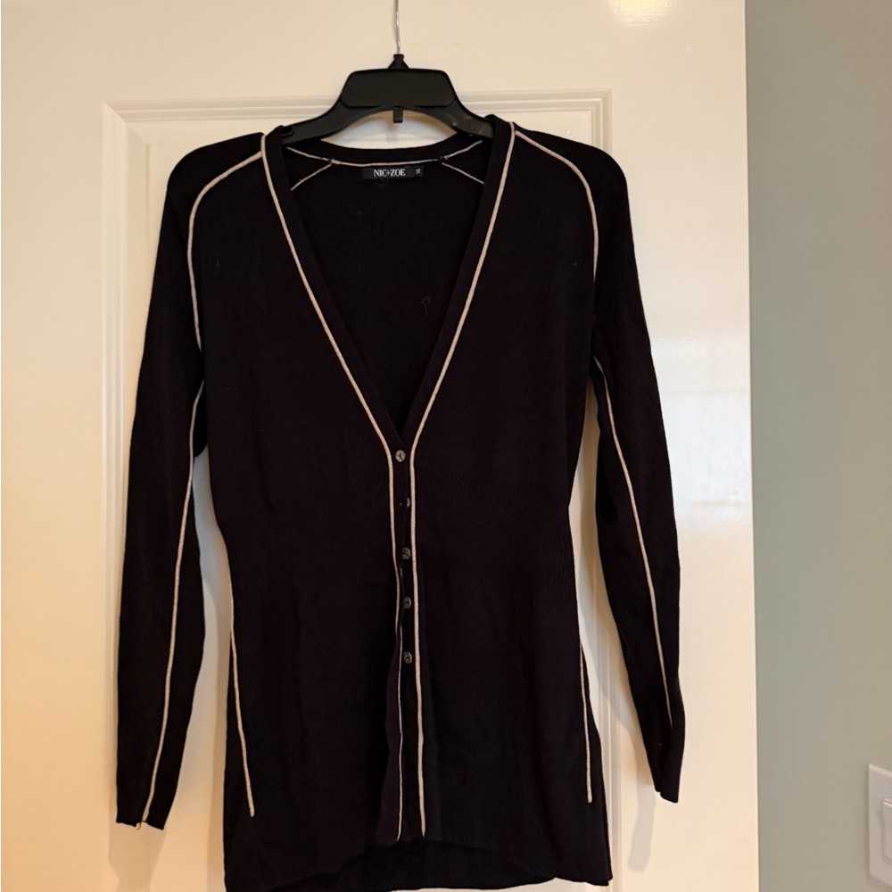NIC+ZOE Black Button-Front Cardigan with Cream Piping
